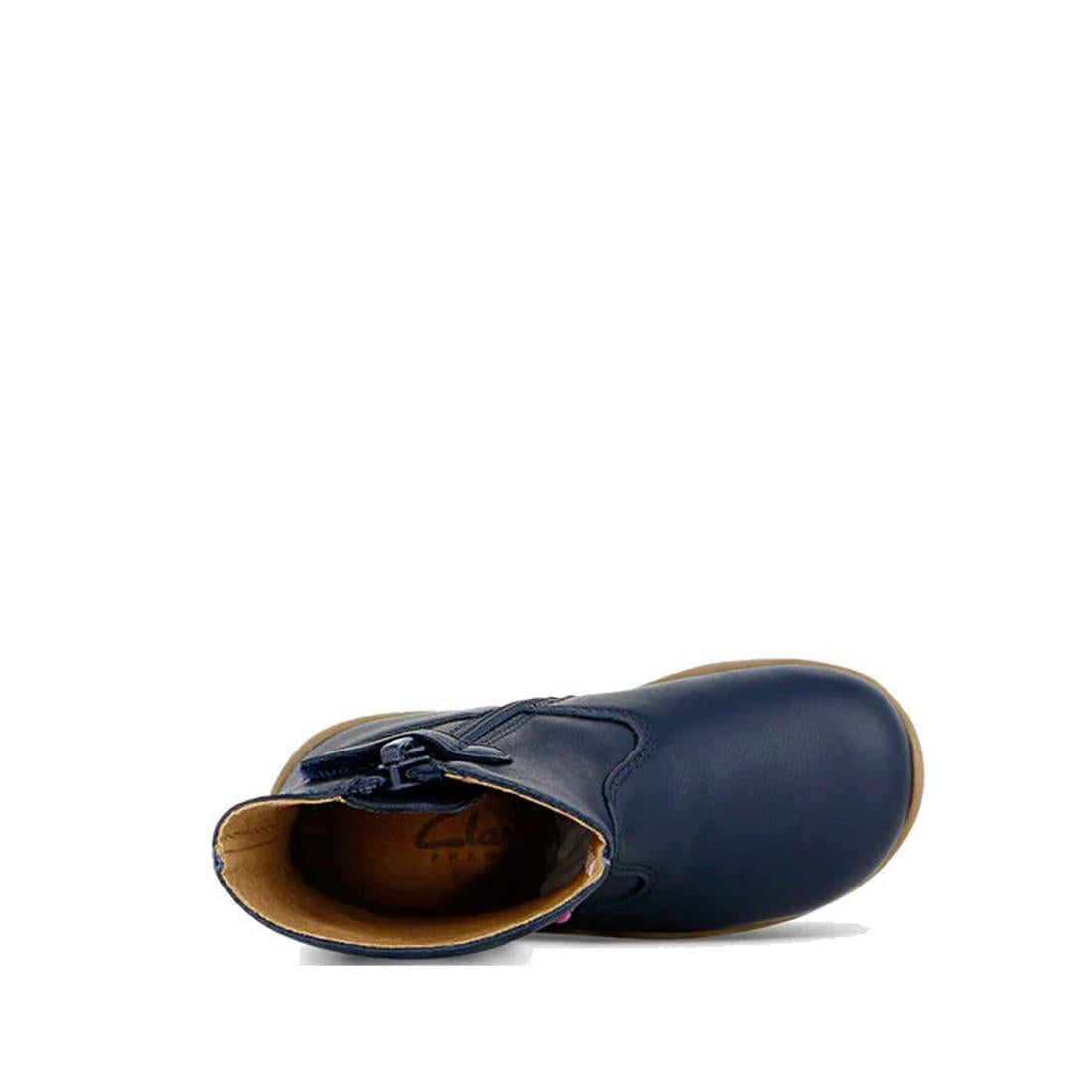 The Clarks Kids Marcela Leather Boot in navy leather (D Width Narrow) is shown from above, featuring a side zipper and light brown interior lining, set against a white background., 36295, 9336078981011, 9336078981035, 9336078981059, 9336078981073, 9336078