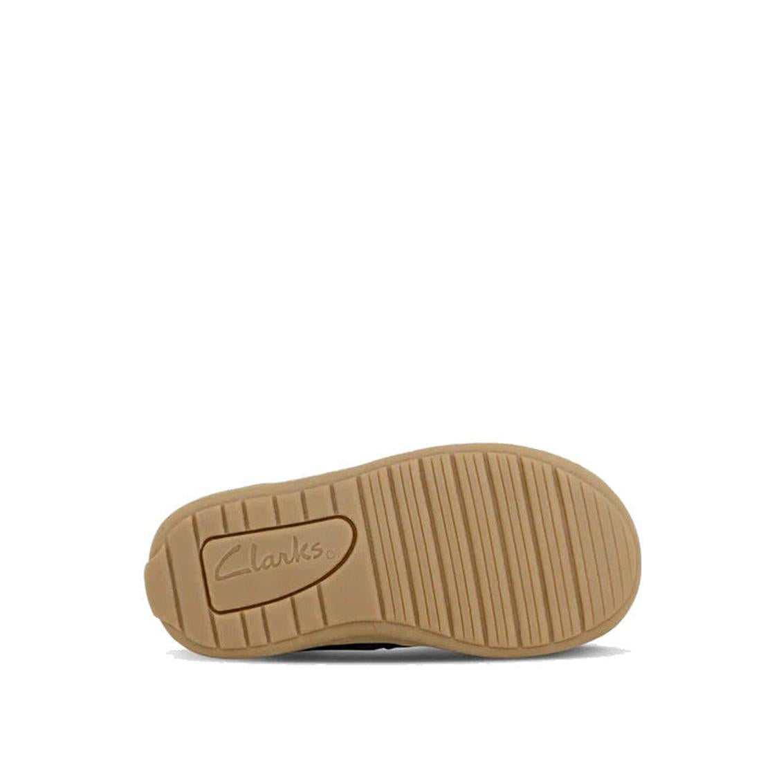 A tan rubber sole with horizontal grooves for traction and the Clarks logo on the heel, from the Clarks Kids Marcela Leather Boot Navy D Width Narrow, photographed on a white background., 36295, 9336078981011, 9336078981035, 9336078981059, 9336078981073, 