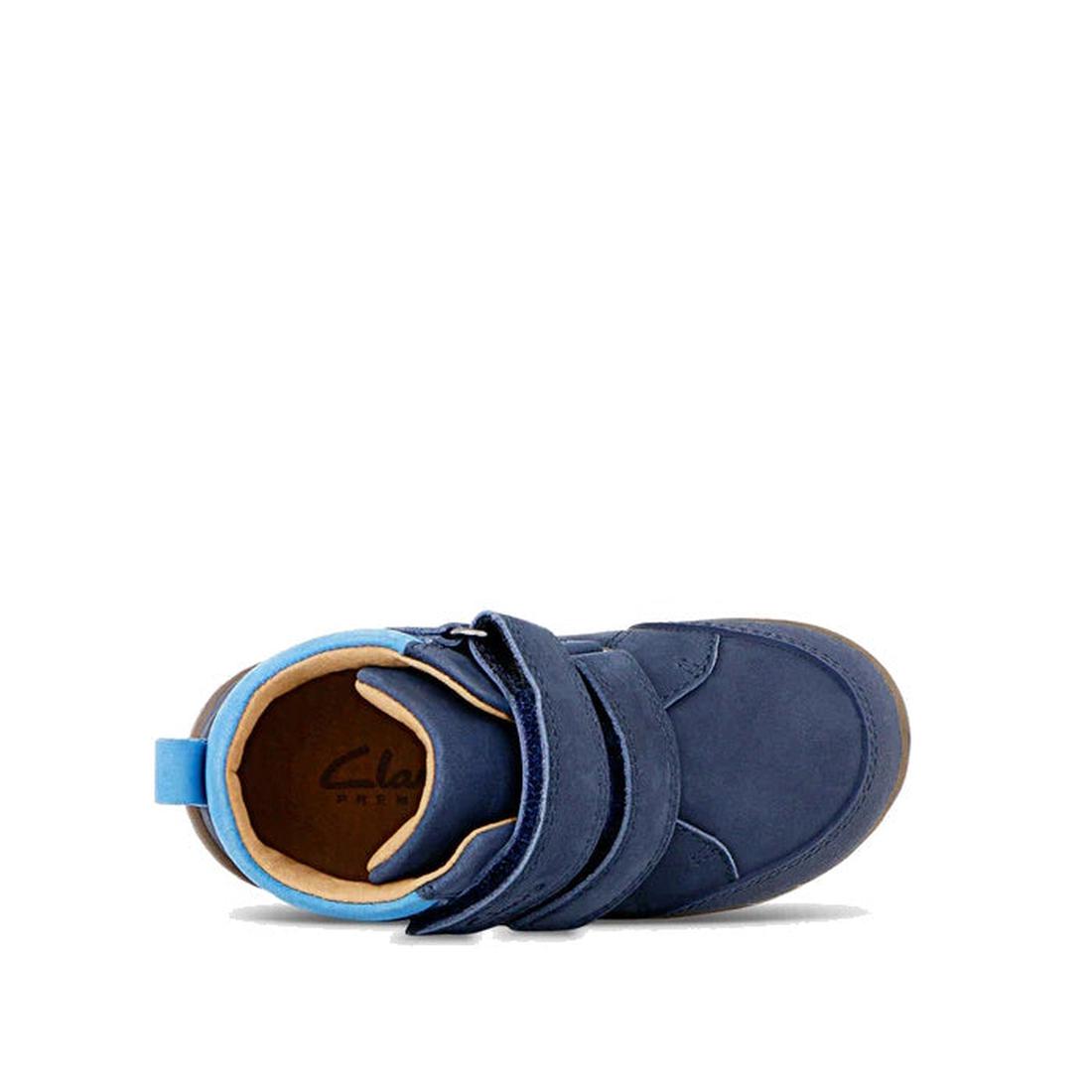 Top view of Clarks Kids Max Leather Boot Navy, a single blue leather kids' shoe with two self-fastening straps, brown lining, and a light blue heel pull tab on a plain white background., 36311, 9336078984241, 9336078984265, 9336078984289, 9336078984302, 9