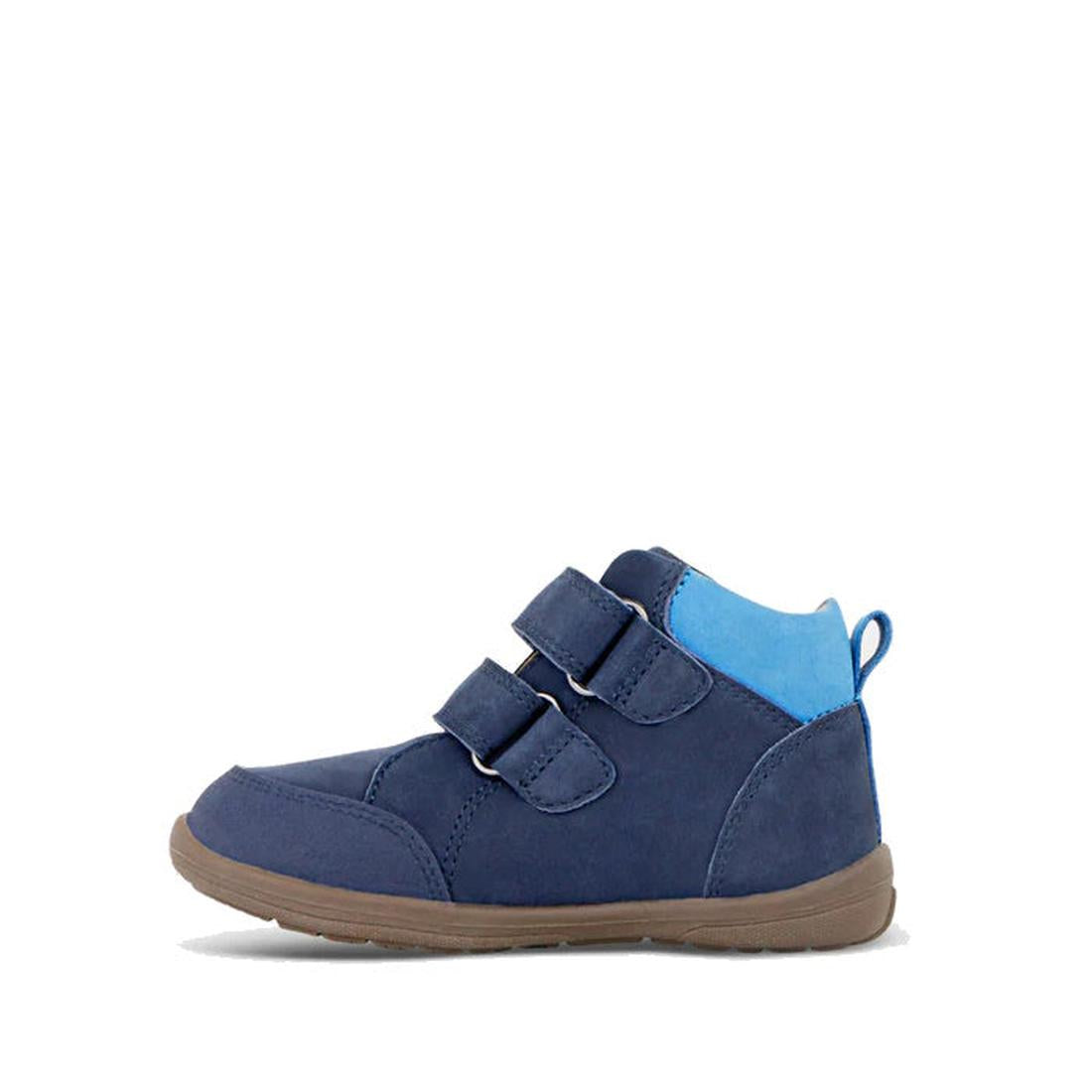 The Clarks Kids Max Leather Boot Navy is shown in profile on a white background, featuring navy blue leather, two self-fastening straps, a light blue ankle accent, and a brown rubber sole., 36311, 9336078984241, 9336078984265, 9336078984289, 9336078984302