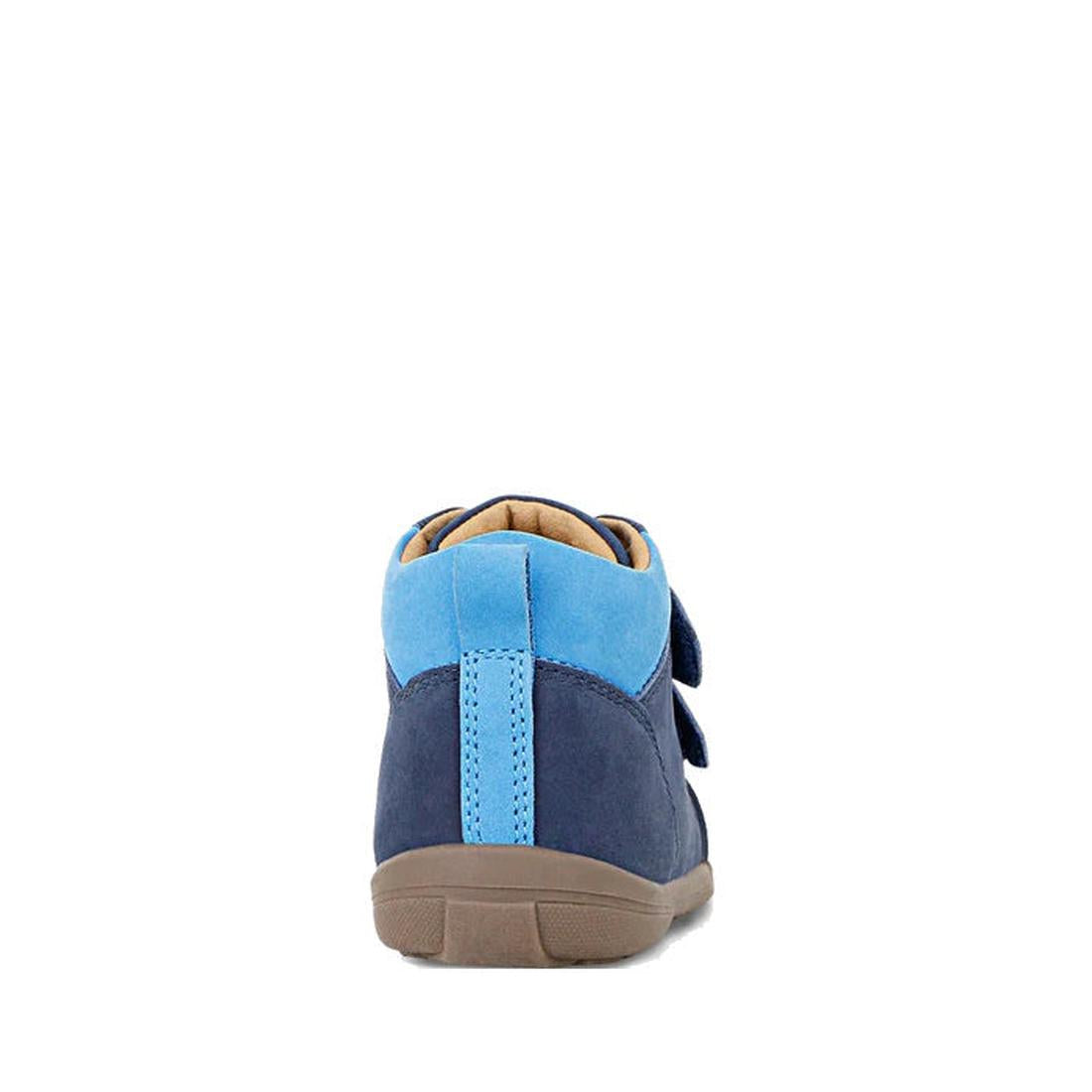 The Clarks Kids Max Leather Boot Navy features dark and light blue panels, a tan inner lining, brown rubber sole, and self-fastening straps for comfortable toddler wear—shown from the back view., 36311, 9336078984241, 9336078984265, 9336078984289, 9336078