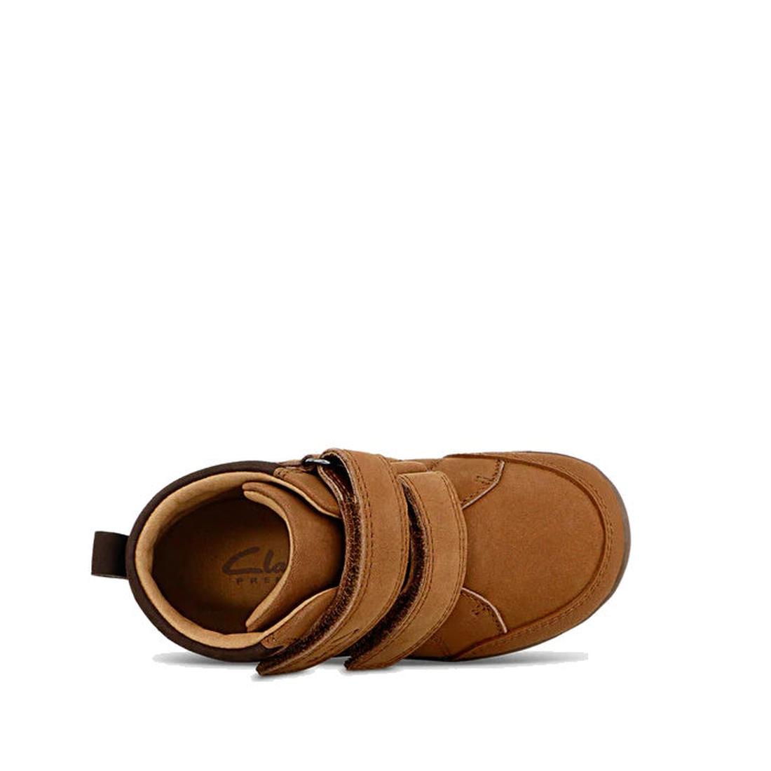 The Clarks Kids Max Leather Boot Tan is a brown toddler shoe with two Velcro straps, a rounded toe, cushioned heel, comfortable interior, and visible stitching along the edges, viewed from above., 36319, 9336078984753, 9336078984777, 9336078984791, 933607