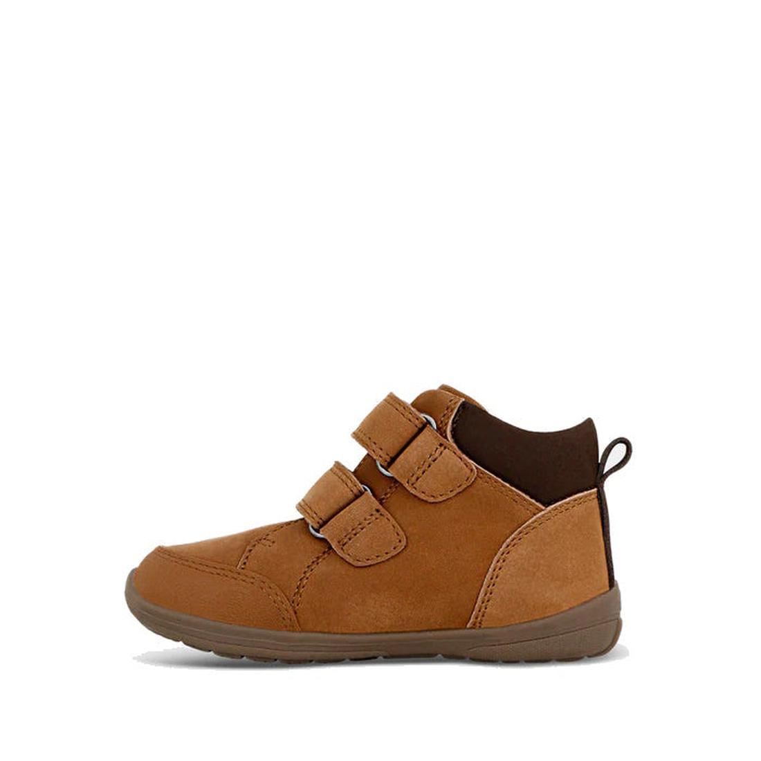 The Clarks Kids Max Leather Boot Tan is a brown leather ankle boot for children with two Velcro straps, a dark brown padded heel, and a flexible rubber sole, shown in side profile on a white background., 36319, 9336078984753, 9336078984777, 9336078984791,