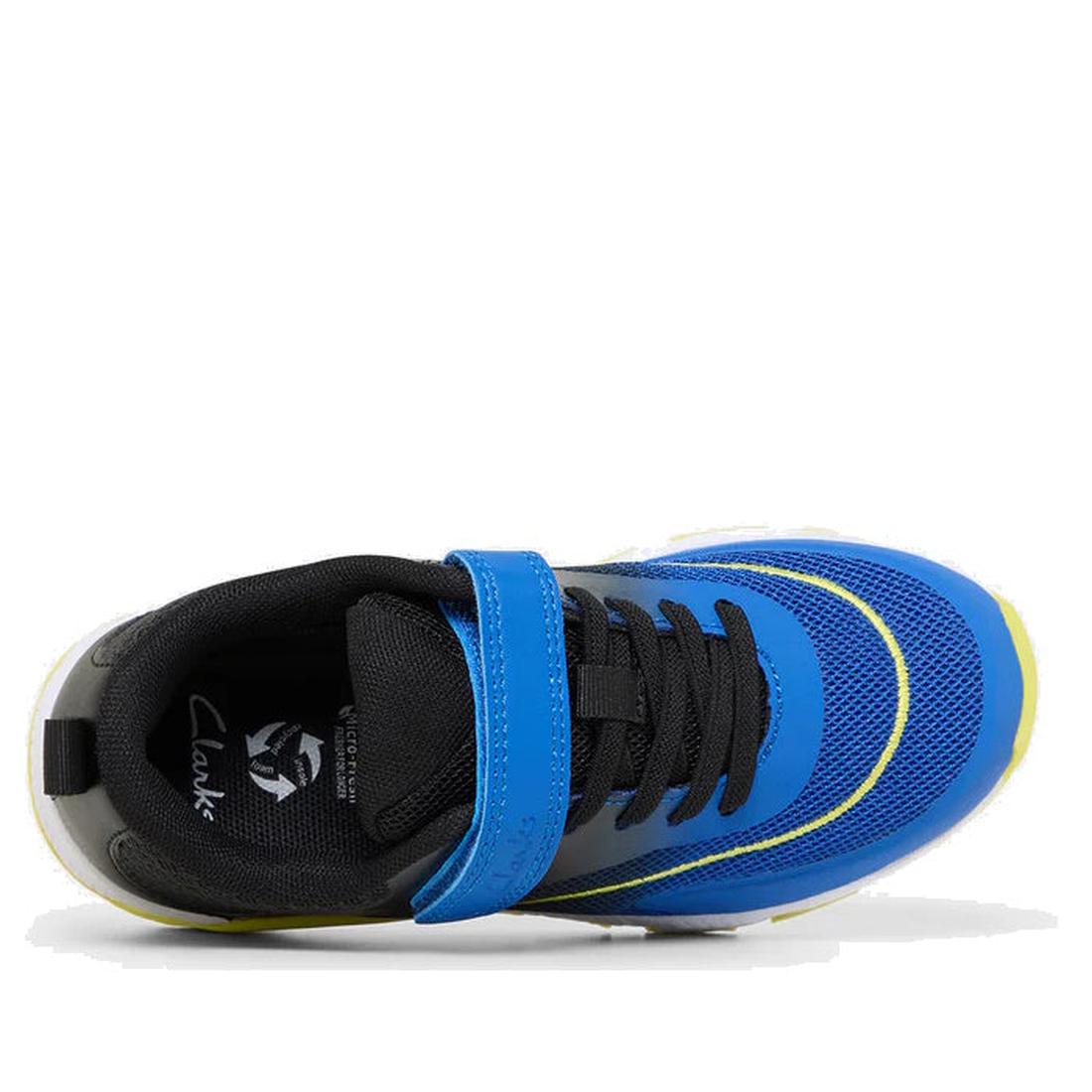 Top down view of right foot of clarks kids North trainer in blue and blue. showing elastic lace and velcro strap across the top of the shoe. 9336078305466,
9336078305480,
9336078305503,
9336078305527,
9336078305541,
9336078305565,
9336078305589,
933607830