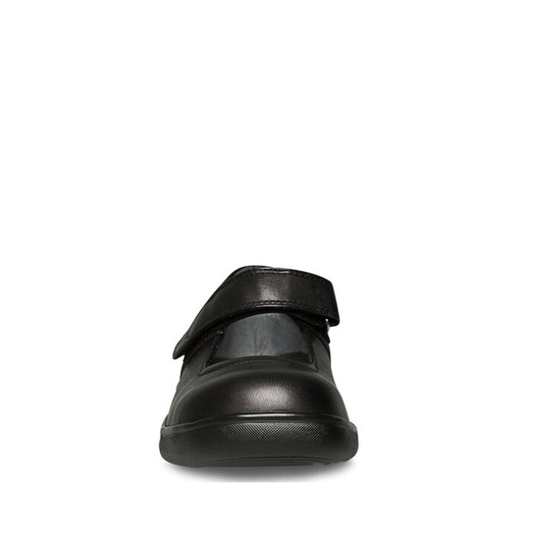 Front view of the Clarks Petite E Average fit Platinum Collection school shoe in black, featuring a rounded toe, hook-and-loop strap, and leather lining, displayed on a white background., 9343227778163, 18767, 18768, 18769, 18770, 18771, 18772, 18773, 187