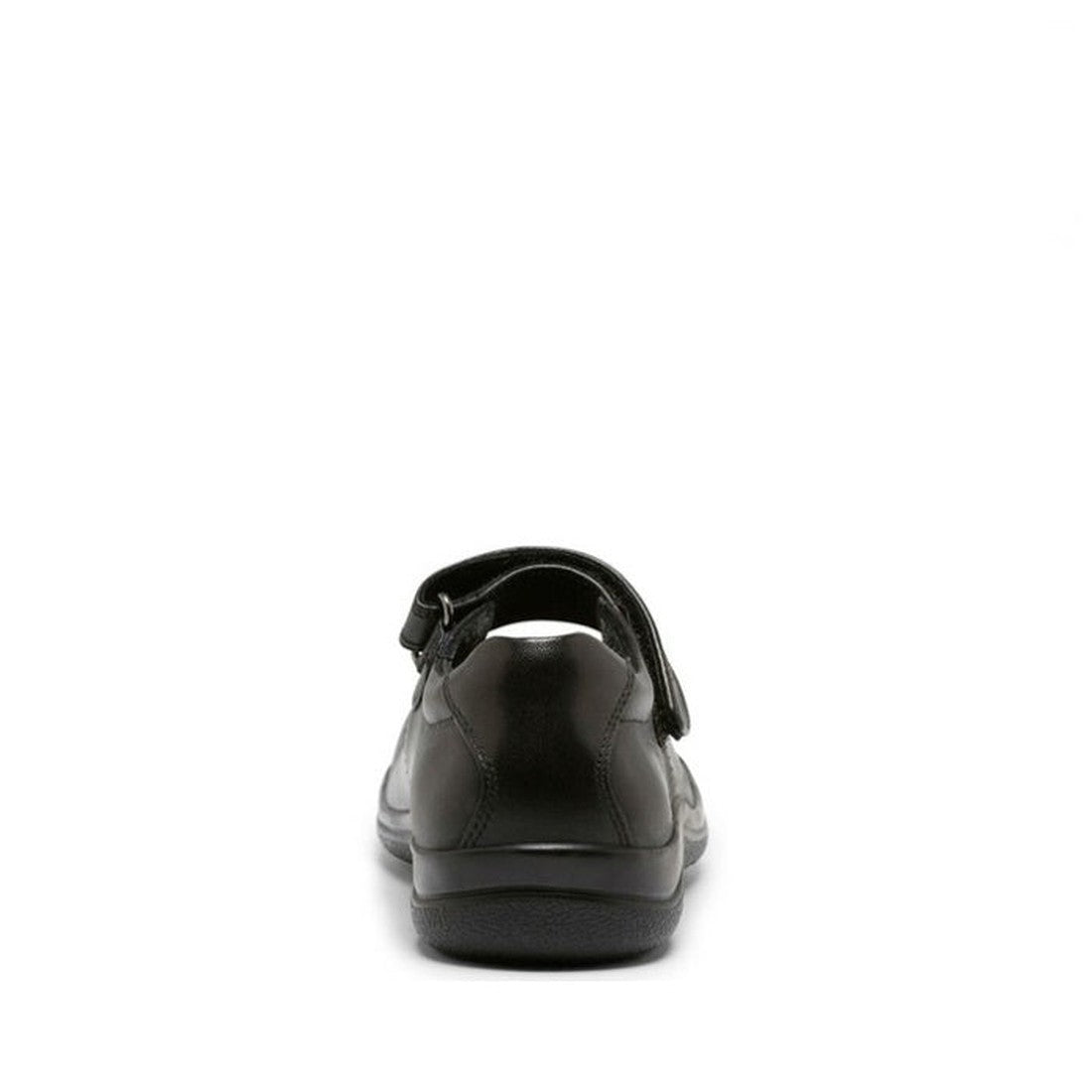 Rear view of a single black Clarks Petite D Narrow fit Platinum collection school shoe with strap, shown on a white background and featuring Active Air Footbed and cow leather lining for comfort., 9343227777982, 9343227778002, 9343227777999, 9343227778019