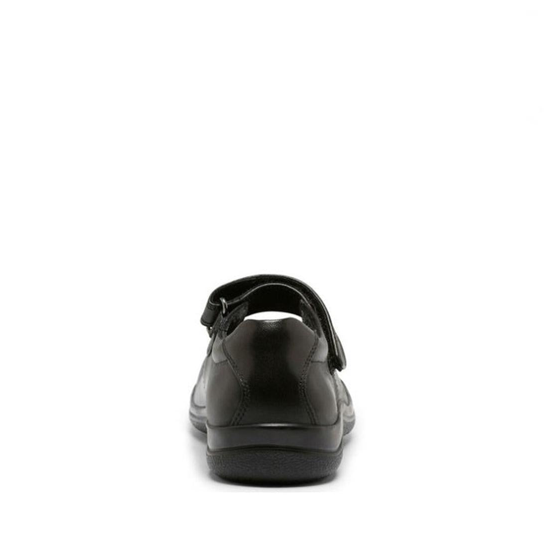 The Clarks Petite E Average Fit school shoe from the Platinum collection is shown from the back, centered on a plain white background. It’s black leather with a low heel, top strap, and comfortable leather lining., 9343227778163, 18767, 18768, 18769, 1877