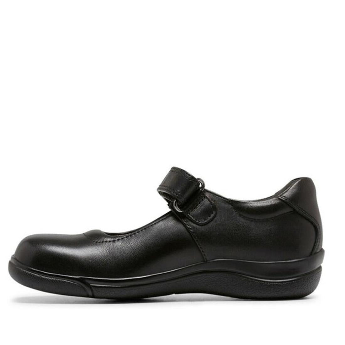 The Clarks Petite Platinum collection E Average fit features a black leather Mary Jane school shoe with a velcro strap, low heel, rounded toe, and comfortable leather lining, shown in side profile on a plain white background., 9343227778163, 18767, 18768,