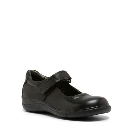 The Clarks Petite E Average fit Platinum collection features a single black leather Mary Jane school shoe with a rounded toe, Velcro strap, and comfortable leather lining, displayed on a plain white background.