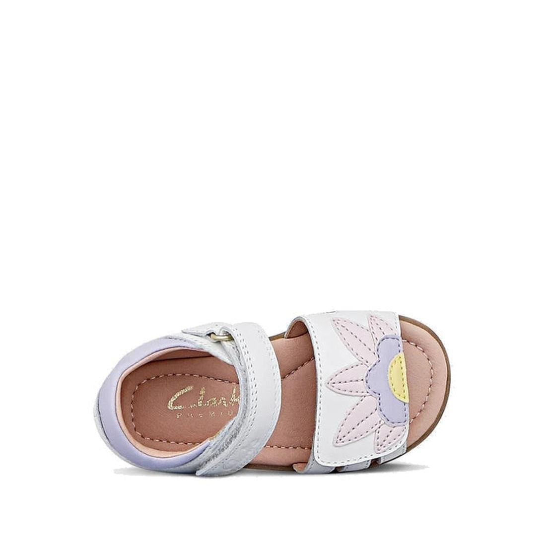 The Clarks Saskia White Toddlers Leather Sandal features an adjustable white strap, pastel purple and yellow flower detail on the front, and a pink cushioned insole for comfort. E average width ensures a great fit for kids., 40560, 40561, 9336078240422, 9