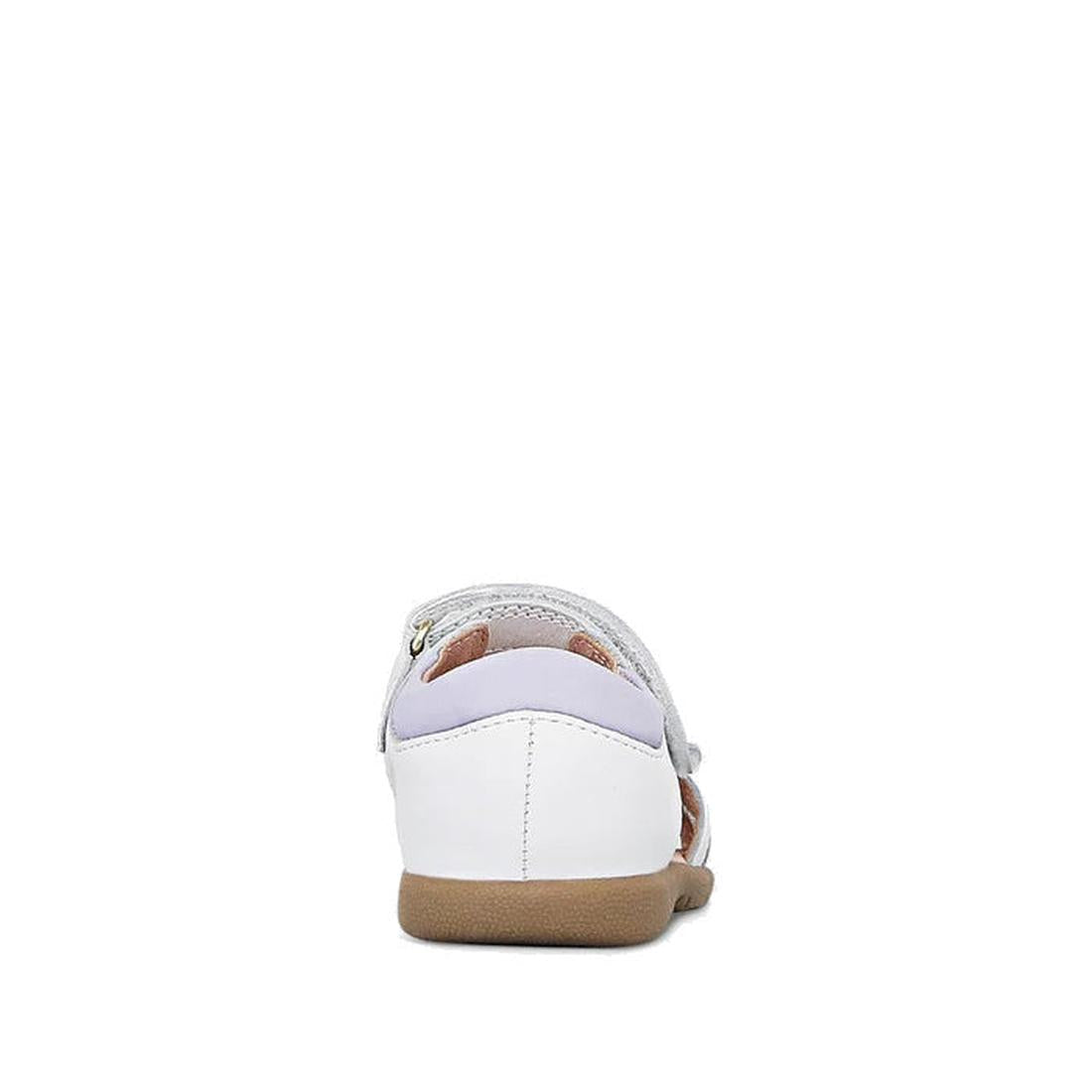 The Clarks Saskia White Toddlers Leather Sandal E Average Width is shown from the back, with a closed heel, tan rubber sole, side cutouts, and an adjustable strap—comfortable kids sandals in white and light gray on a plain white background., 40560, 40561,