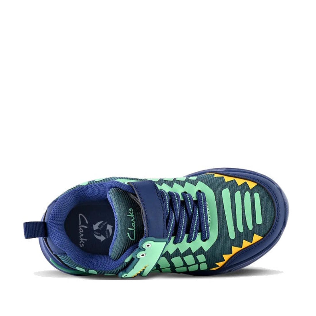 Clarks Alfie Top down view showing Clarks branding on the inner sole Green and blue sneaker with yellow accents on a white background.,
9336078600837,
9336078600851,
9336078600875,
9336078600899,
9336078600912,
9336078600936,, 9336078600837, 9336078600851
