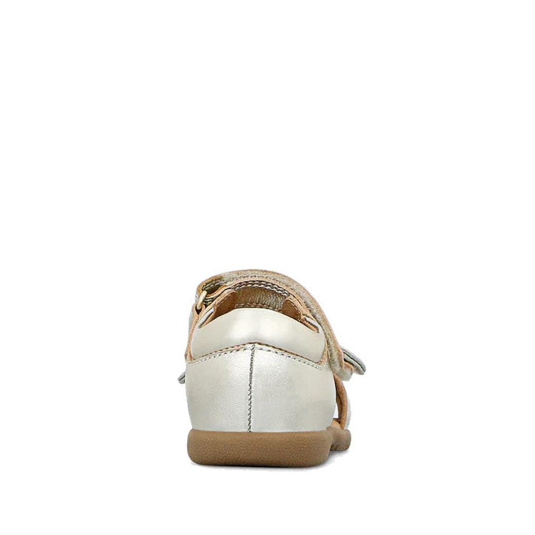 A rear close-up of the Clarks Samara Toddlers Gold Leather Sandal in D Narrow Width, featuring a soft brown sole and strap, designed for girls, displayed against a white background., 40541, 9336078235183, 9336078235220, 9336078235268, 9336078235305, 40546