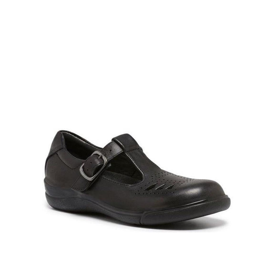 Clarks Pupil D Narrow school shoe: comfy black Mary Jane with sturdy sole, buckle strap, and classic cut-out, on a white background.  ksnz
