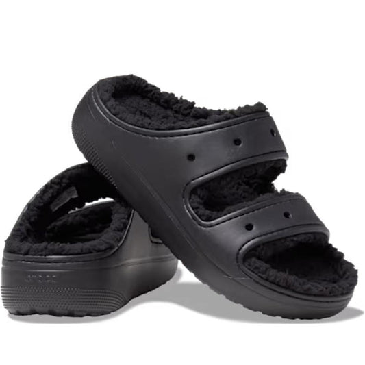 Crocs Classic Cozzzy Sandal in black, with adjustable wide straps, cozy plush lining, and a sturdy textured sole for all-day comfort.  ksnz