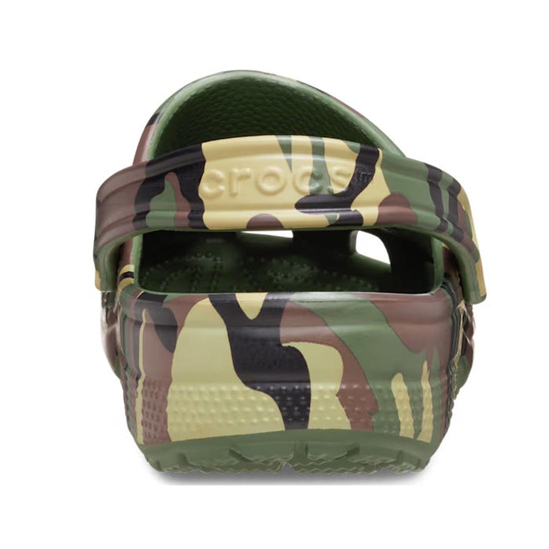 A close-up rear view of the Crocs Classic Clog Camouflage Adults Unisex in green, brown, and tan, featuring Crocs Comfort, an adjustable heel strap, and a customizable design with Jibbitz charms., 198445244957, 198445244964, 198445244971, 198445244988, 19