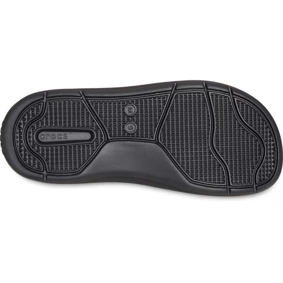The image displays the black rubber sole of the Crocs - Mens In Motion Flip Flop Jandal Black Grey, featuring a textured tread pattern and an embossed Crocs logo on one side., 48783, 198445177620, 198445177637, 198445177576, 198445177583, 198445177590, 48