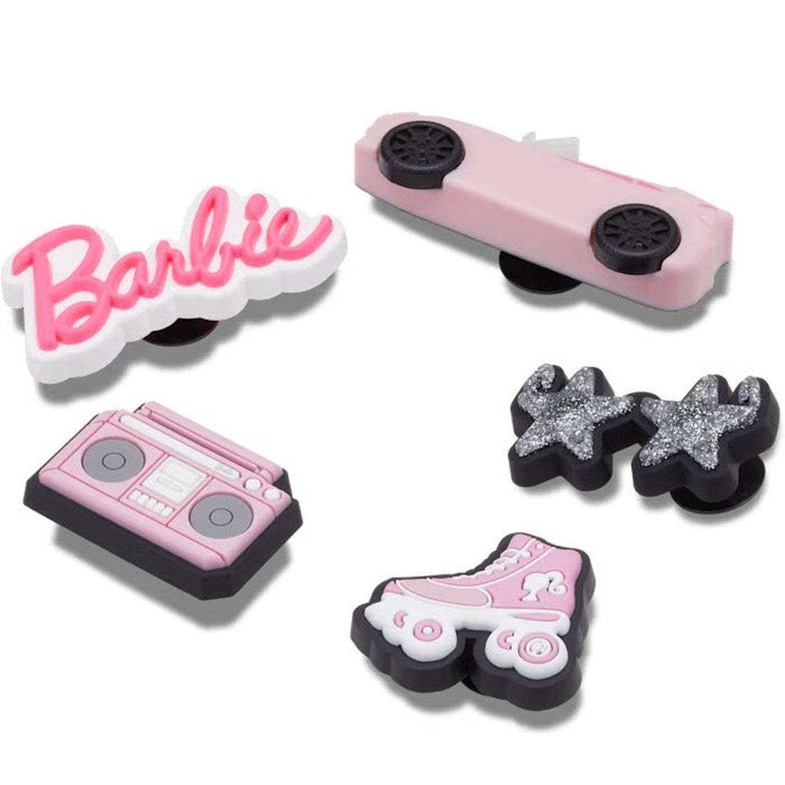 The Crocs Jibbitz 5 Pack - Barbie New Style includes a pink Barbie logo, pink car, black glittery stars, pink boombox, and pink roller skate charms, arranged on a white background—perfect for decorating your favorite footwear., 196265706709