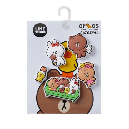 The Crocs Jibbitz 5 Pack - Line Friends brings family fun to comfy, slip-on white clogs with soft soles and playful bear charms.  ksnz