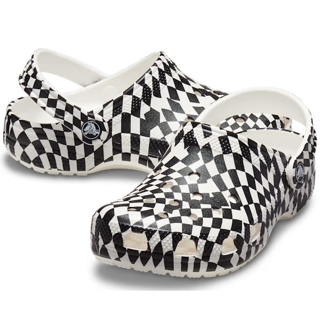 Crocs Kids - Youths Classic Warped Clog K Black and White Sandal with comfy sole, fun checks, breathable holes, and secure strap.  ksnz