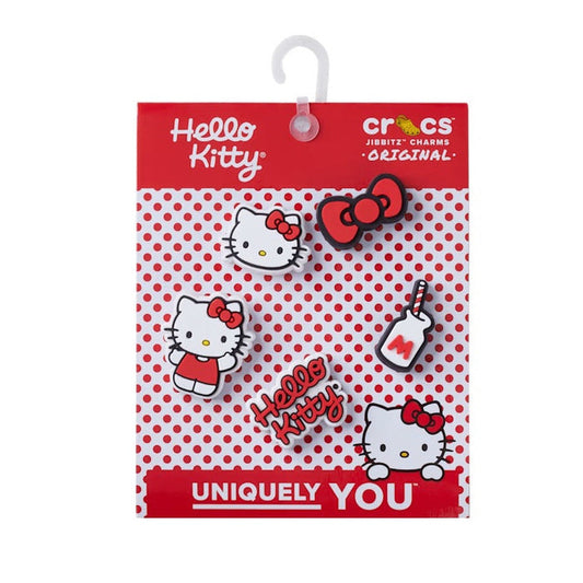Crocs Jibbitz 5 Pack - Hello Kitty Red/White charms for kids’ Crocs; fun faces, bow, bottle, easy slip-on style and comfy sole.  ksnz