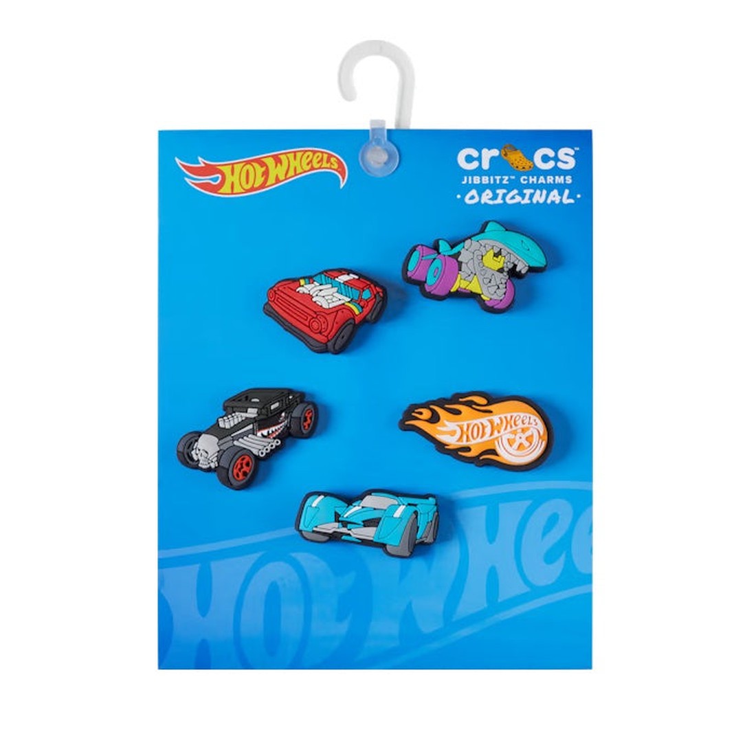 A blue card displays the Crocs Jibbitz 5 Pack - Hot Wheels Cars, featuring four colorful toy car charms and a Hot Wheels logo charm. The top of the packaging shows Hot Wheels and Crocs branding—perfect for decorating your Crocs with style.