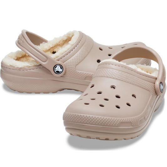 Crocs Classic Fuzz Fluffy Lined Clog in Mushroom Bone, a cozy beige slip-on with plush lining, sturdy sole, and secure heel strap.  ksnz