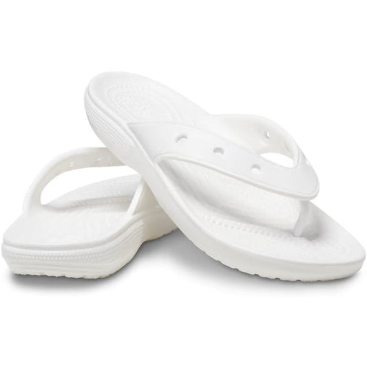 Crocs Classic Flip White Jandal sandals for men and women, featuring cozy Croslite soles and secure straps, on a bright white backdrop.  ksnz