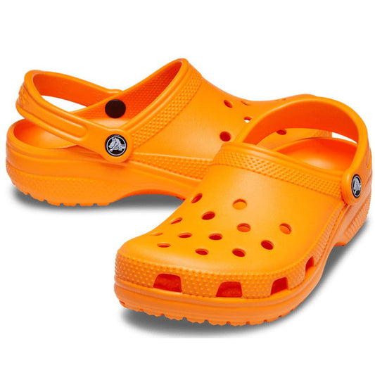 Crocs Classic Clog Orange Zing Adults: comfy unisex clogs with bright orange color, grippy sole, ventilation holes, and heel straps.  ksnz