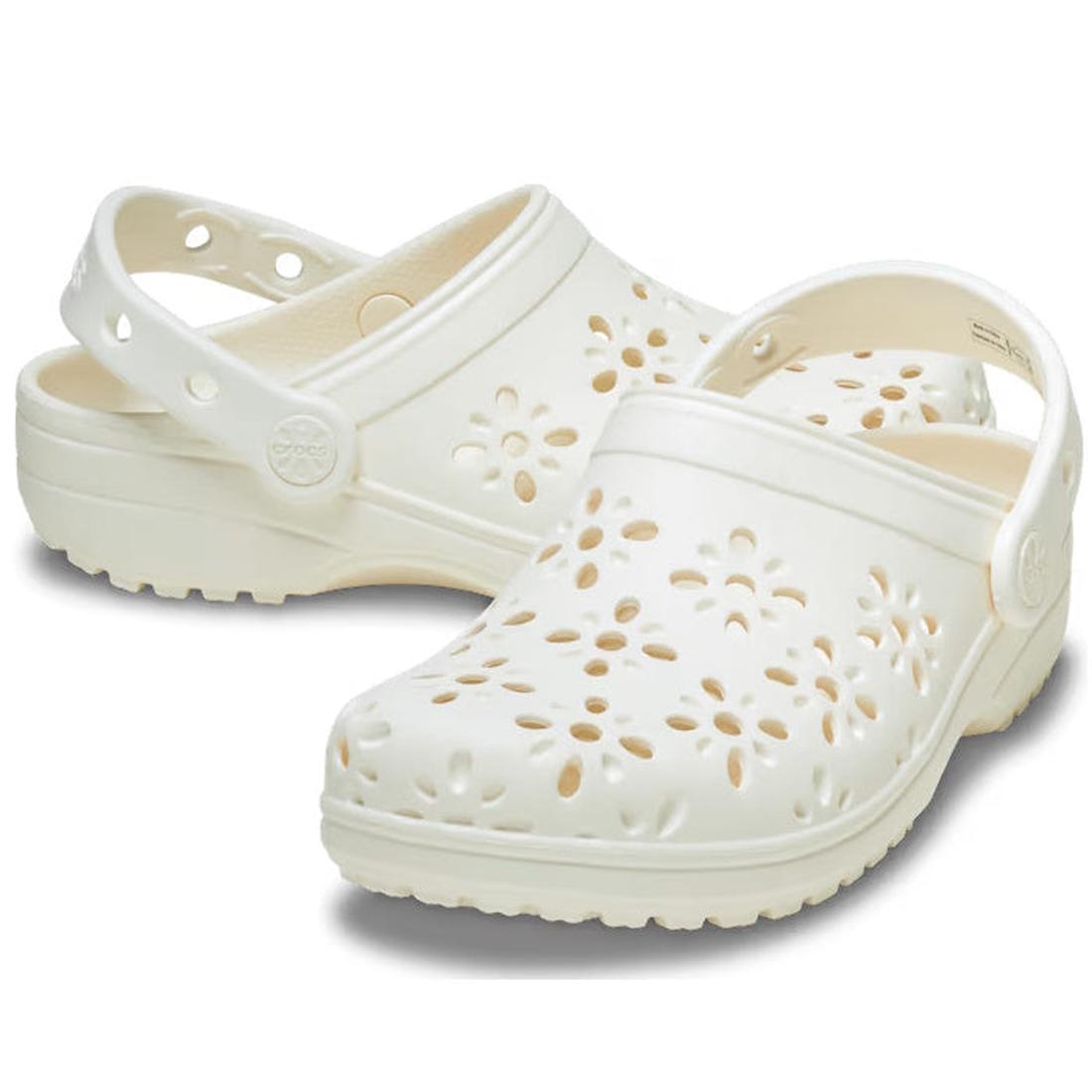 Crocs Classic Floral Cut Outs Clog for adults in chalk off white with comfy cushioned sole, floral cut-outs, and easy back strap closure.  ksnz