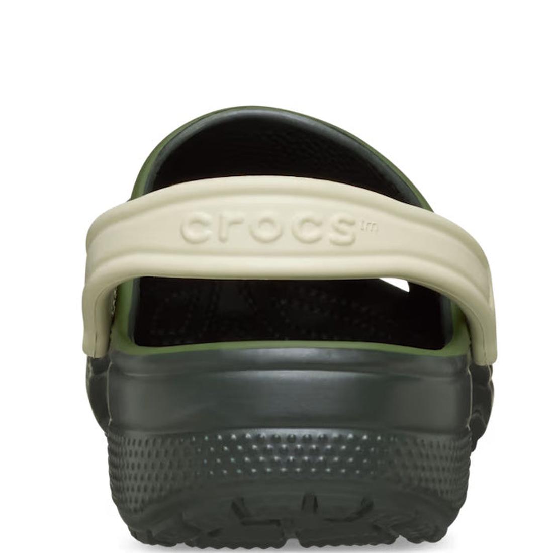 Rear view of the Crocs Classic Retro Sport Clog Khaki Army Green Adults, featuring Crocs comfort, a light beige strap with CROCS embossed on it, and textured heel detailing., 198445276774, 198445276781, 198445276798, 198445276804, 198445276811, 1984452768
