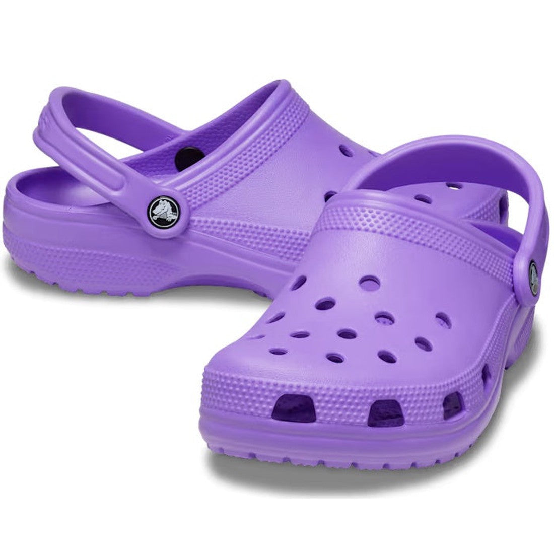 Crocs - Classic Clog Galaxy Purple for adults, unisex design with ventilation holes and adjustable heel strap, shown on a white background.