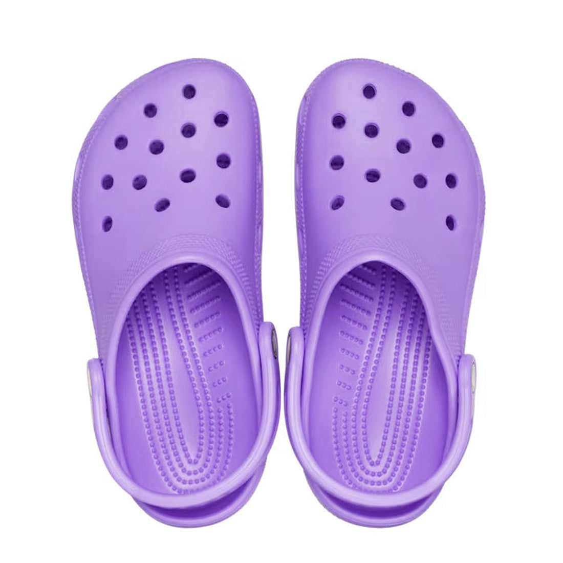 A pair of Crocs - Classic Clog Galaxy Purple Adults womens & mens, unisex clogs with ventilation holes and adjustable heel straps, shown from above on a white background., 196265646166, 196265646173, 196265646180, 196265646197, 196265646203, 196265646210,