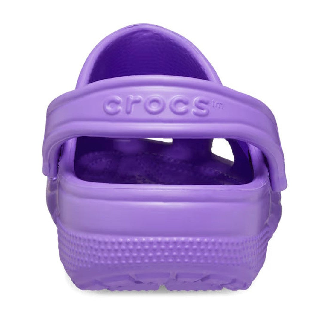 A close-up rear view of the Crocs - Classic Clog Galaxy Purple Adults womens & mens highlights the textured sole, adjustable heel strap, and crocs branding embossed on the back., 196265646166, 196265646173, 196265646180, 196265646197, 196265646203, 196265