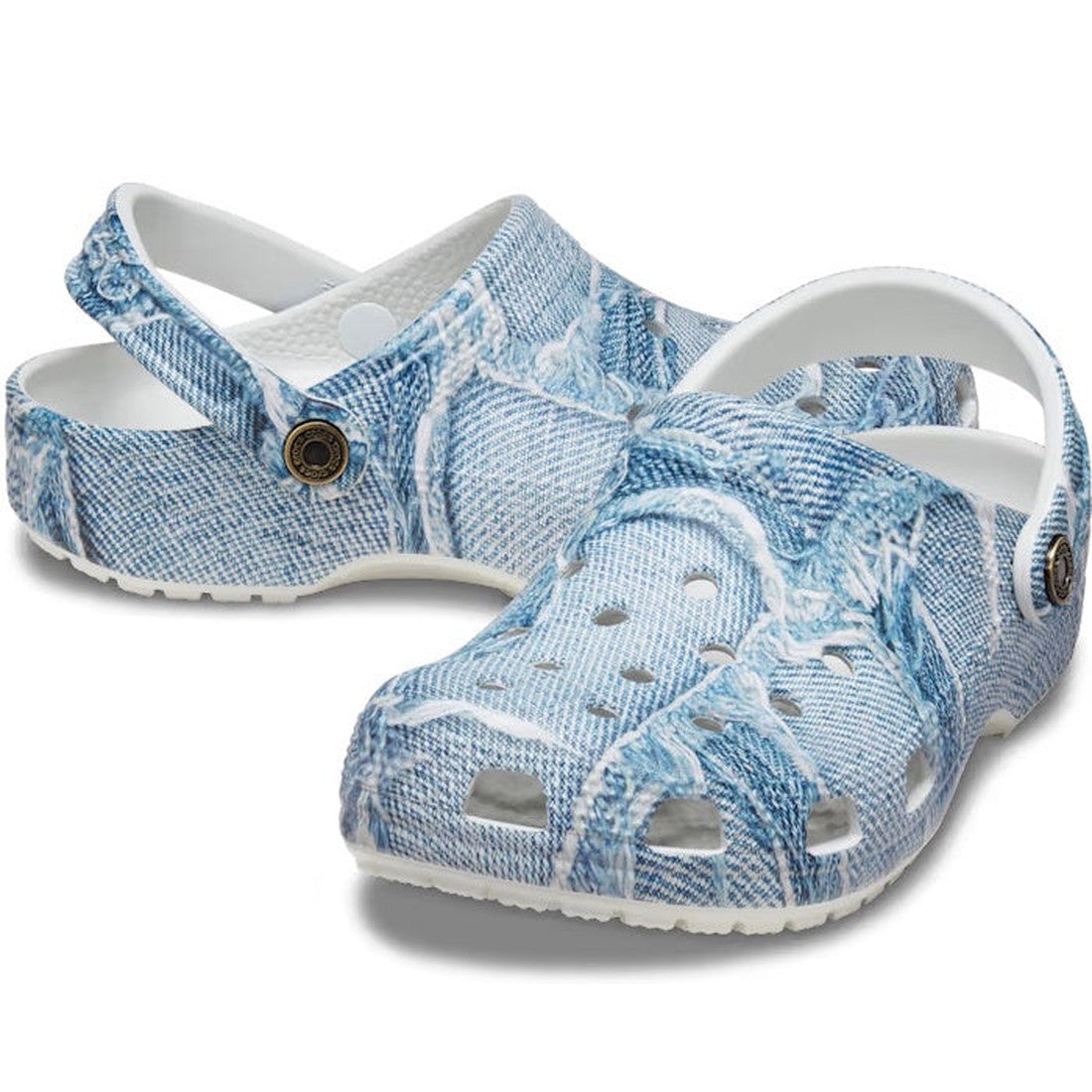 Crocs Classic Denim Clog Light Blue Adults offer a fun blue-jeans look, cushioned sole, heel strap, airy holes, and easy slip-on style.  ksnz