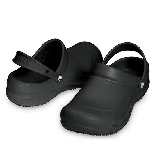The Crocs Bistro Chefs Clog with Anti Slip Sole Black Unisex features adjustable back straps, a smooth design, and slip-resistant textured soles for grip. Made from lightweight, rubber-like material, these work shoes are ideal for comfort and safety.