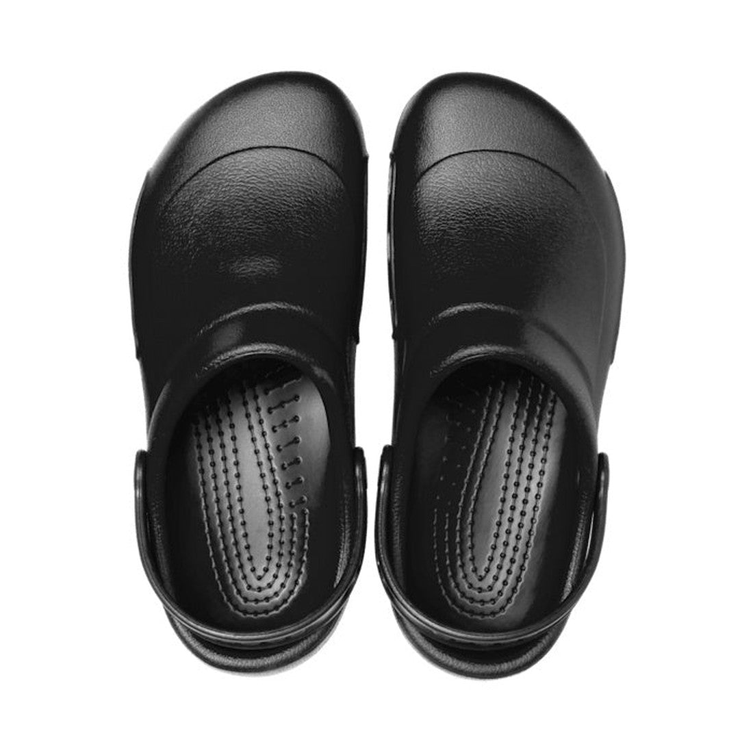 A pair of Crocs Bistro Chefs Clog with Anti Slip Sole in black, unisex slip-on work shoes with textured insoles and adjustable heel straps, shown from above against a white background., 883503071094, 883503071100, 883503071117, 883503071124, 883503071131,