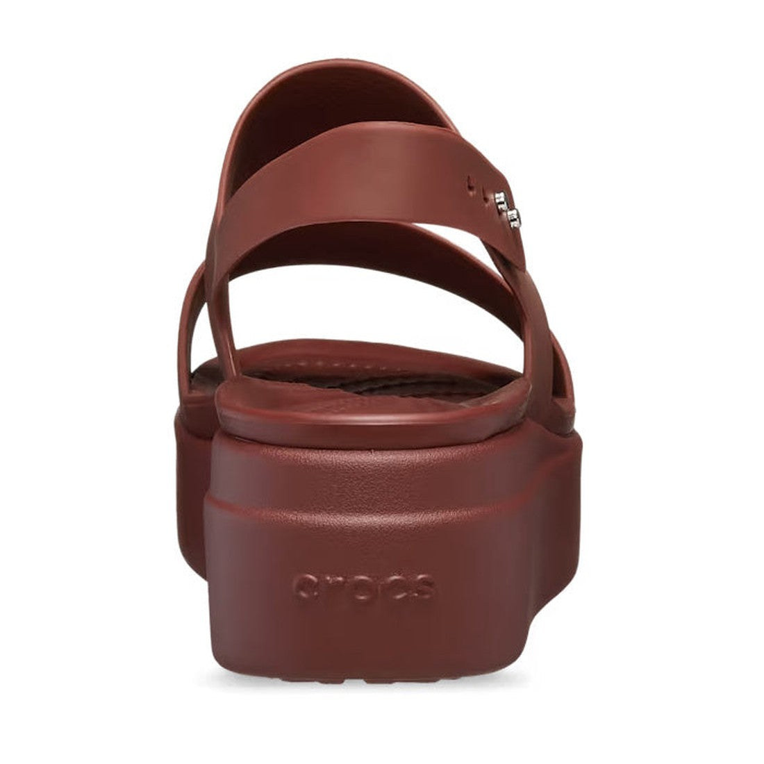 Rear view of the Crocs Sandal Wedge Dark Clay Red Brooklyn Low, a women's sandal with two straps, “crocs” embossed on the heel, soft LiteRide foam construction, and an open back for all-day comfort., 196265860074, 196265860081, 196265860098, 196265860012,