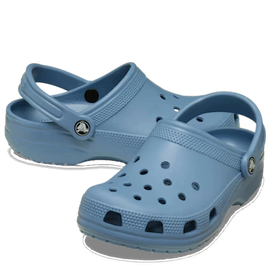 A pair of Crocs Classic Clog Astro Blue Adults Unisex, designed for comfort with ventilation holes and a pivoting heel strap, displayed against a white background.