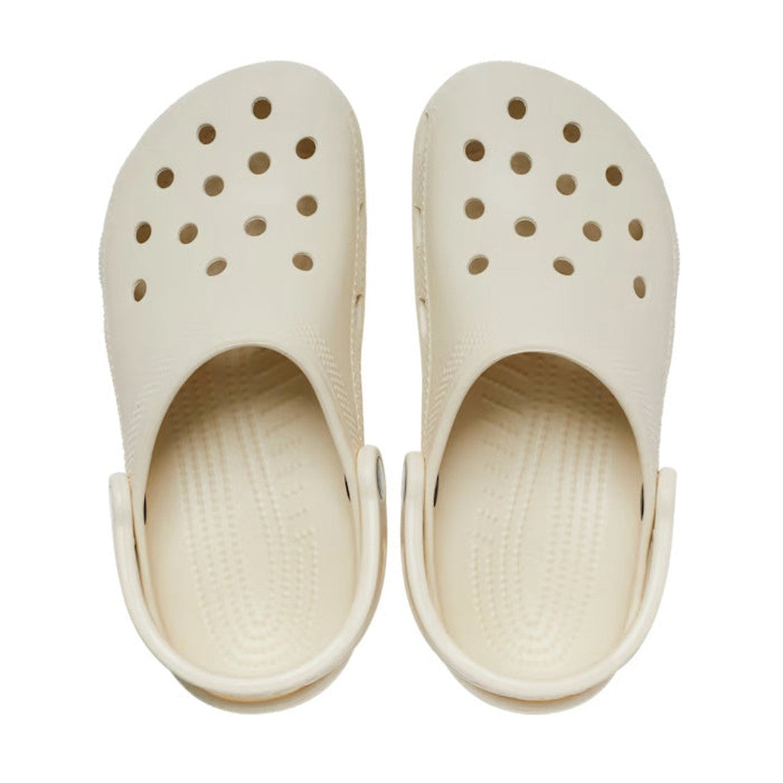 A pair of Crocs - Classic Clog Bone Off White adults’ sandals with ventilation holes and moveable heel straps, shown from above on a white background., 196265131990, 196265132003, 196265132010, 196265132027, 196265132034, 196265132041, 196265131891, 19626
