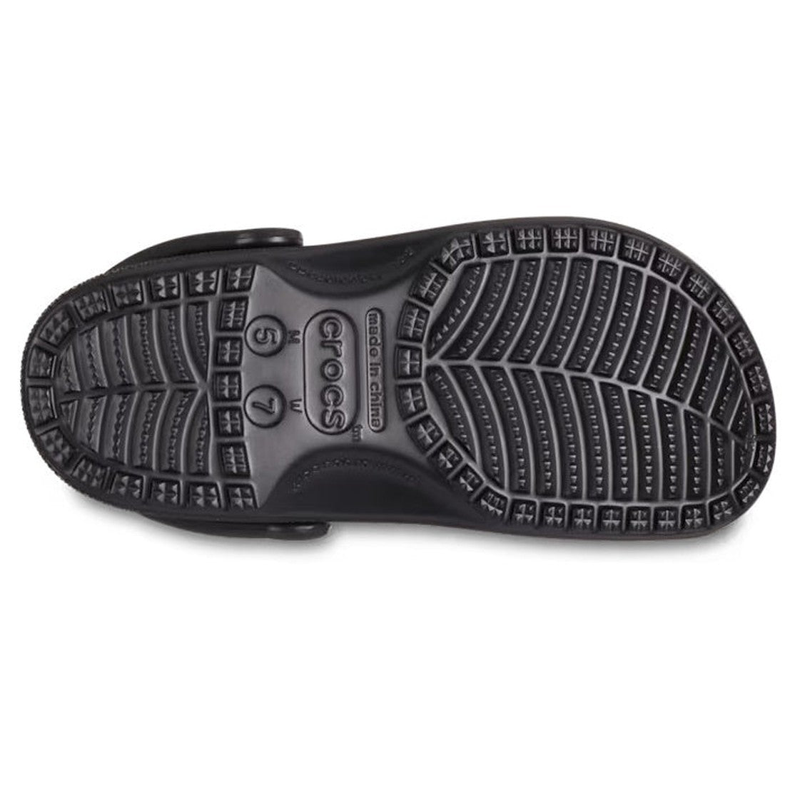 The image shows the black sole of a Crocs - Classic Clog Jewel Black Adults womens shoe with textured tread, size markings (5, 7), and "crocs" and "made in China" molded into the material—designed for comfort with removable jewel embellishments., 19626587
