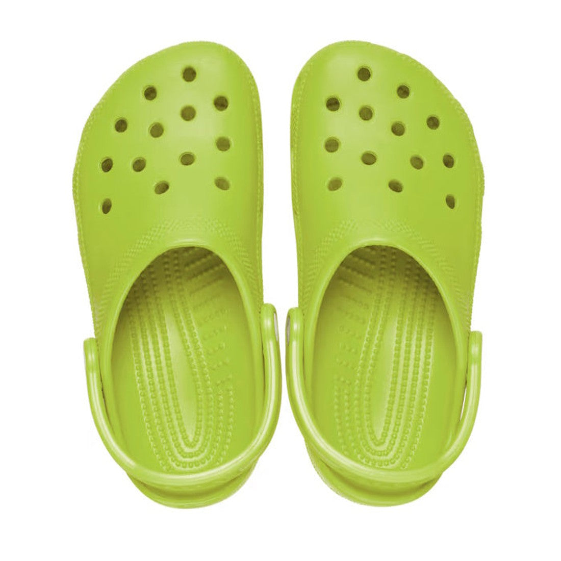 A pair of Crocs - Classic Clog Kiwi Green for adults, featuring lightweight design, ventilation holes, and ankle straps, viewed from above on a white background., 196265881628, 196265881635, 196265881642, 196265881659, 196265881666, 196265881673, 19626588