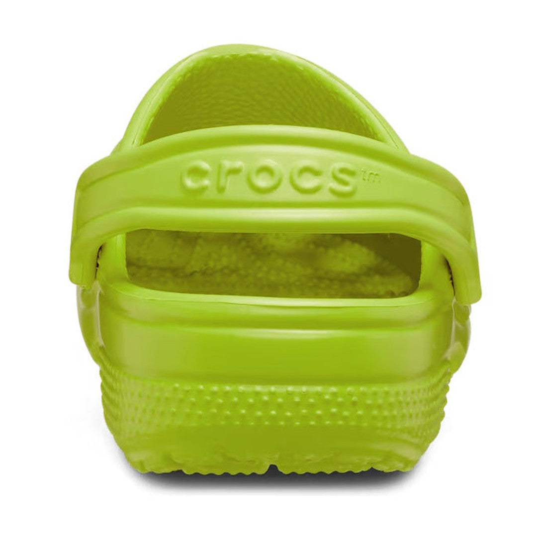 A close-up rear view of the Crocs - Classic Clog Kiwi Green for adults showcases its textured sole, lightweight design, adjustable back strap, and Crocs branding embossed on the heel., 196265881628, 196265881635, 196265881642, 196265881659, 196265881666, 