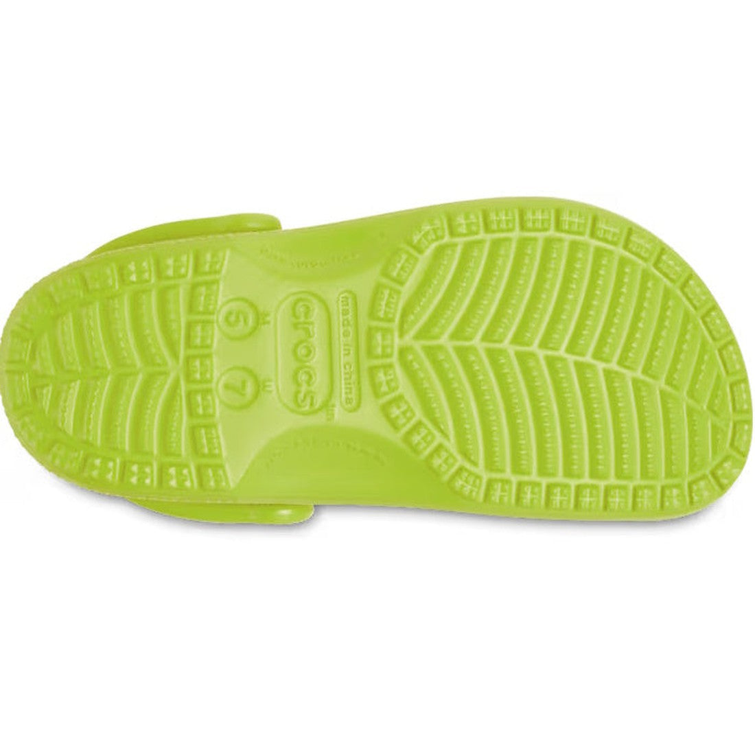 The image displays the sole of a Crocs - Classic Clog Kiwi Green Adults womens & mens, featuring a lightweight, textured tread with oval and rectangular patterns, along with the Crocs logo and size details at the center., 196265881628, 196265881635, 19626