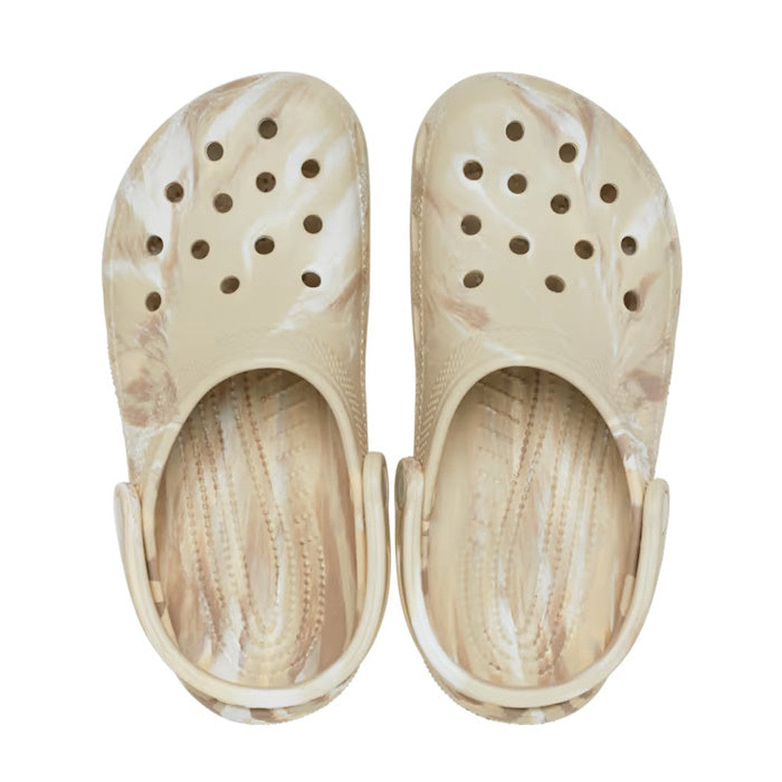 The Crocs - Classic Marbled Clog Bone Off White Multi Adults, featuring beige and light brown marbling, ventilated holes, and adjustable back straps, delivers Iconic Crocs Comfort for all-day wear., 196265267026, 196265267033, 196265267040, 196265267057, 