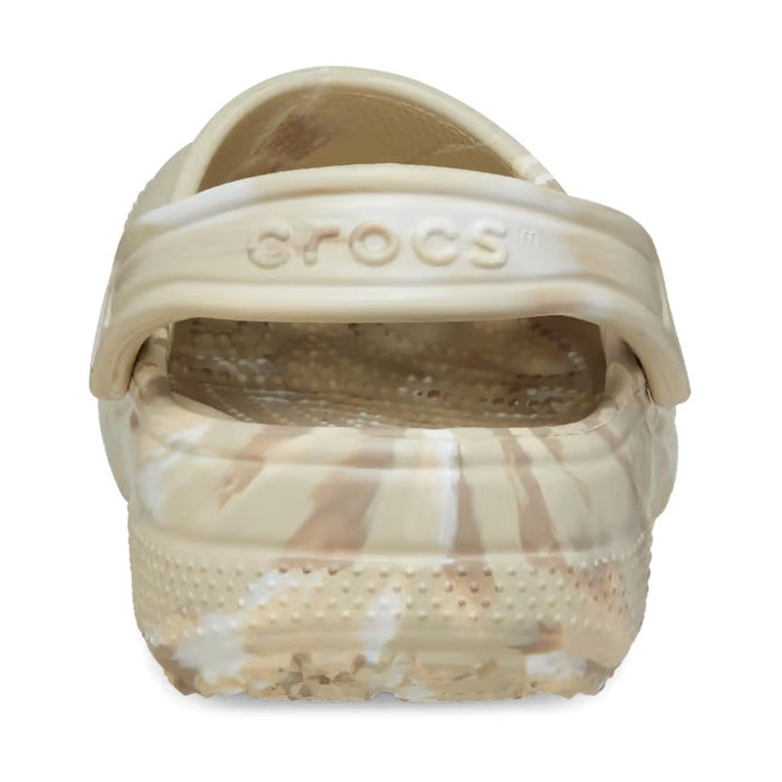 A rear view of the Crocs - Classic Marbled Clog Bone Off White Multi Adults, showcasing beige and white marbling, Iconic Crocs Comfort, a textured sole, and an adjustable heel strap embossed with CROCS., 196265267026, 196265267033, 196265267040, 196265267