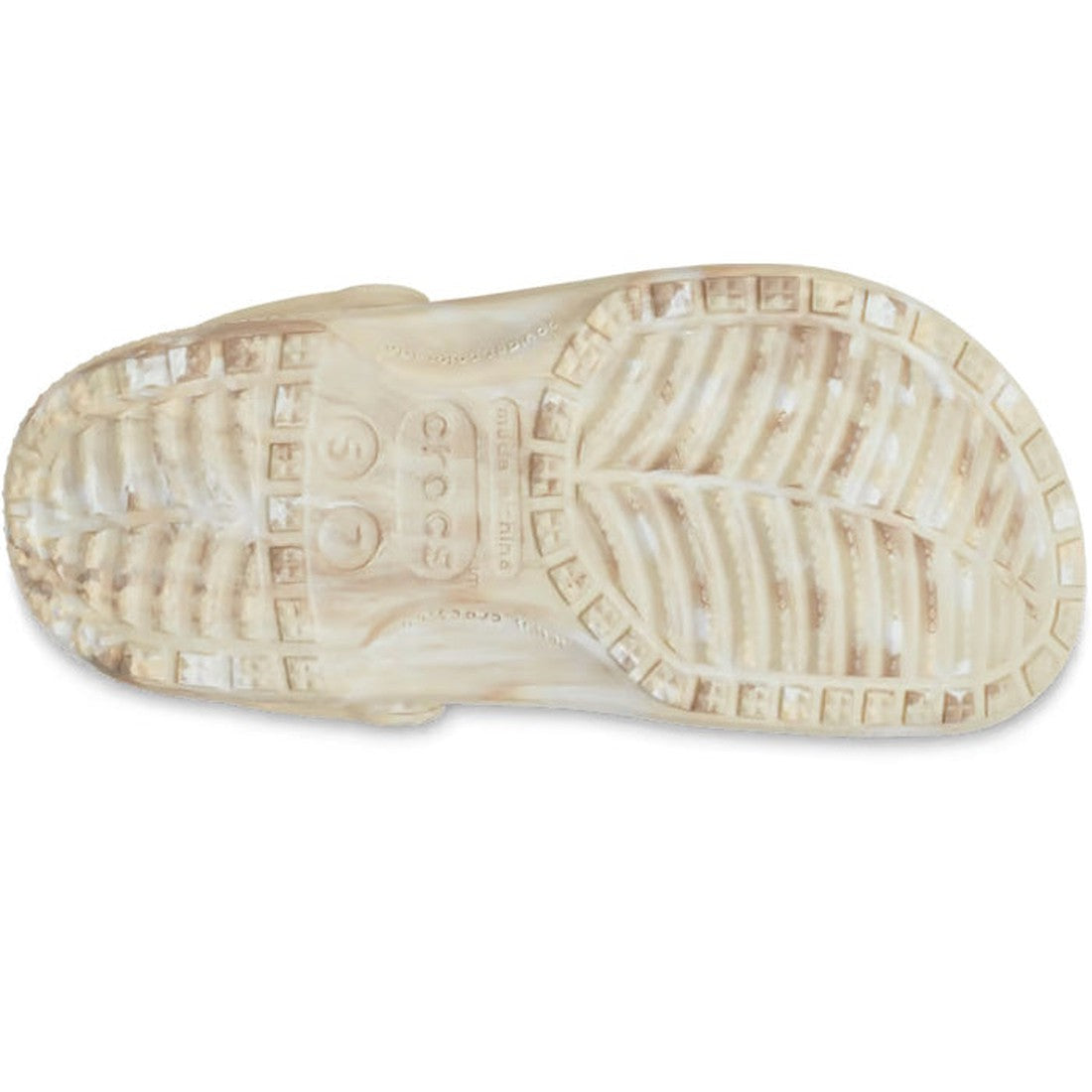 The image shows the bottom view of a single Crocs - Classic Marbled Clog Bone Off White Multi Adults, highlighting the tread pattern, signature comfort features, Crocs logo, and size markings on the sole., 196265267026, 196265267033, 196265267040, 1962652