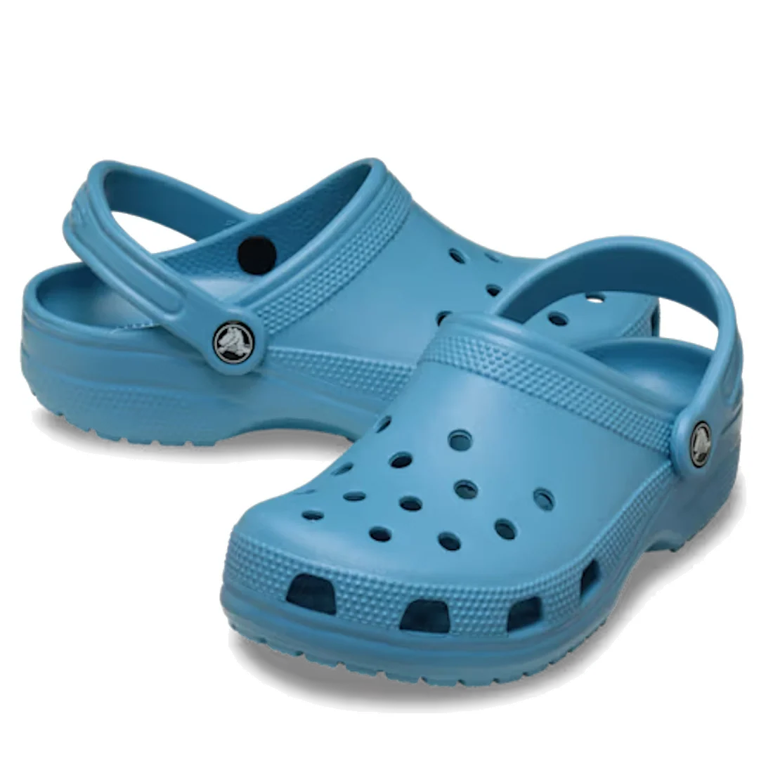 A pair of Crocs Kids - Classic Clog Elite Blue sandals in junior youths sizes, featuring ventilation holes and adjustable heel straps, displayed on a white background. These water-friendly shoes are ideal for everyday adventures.