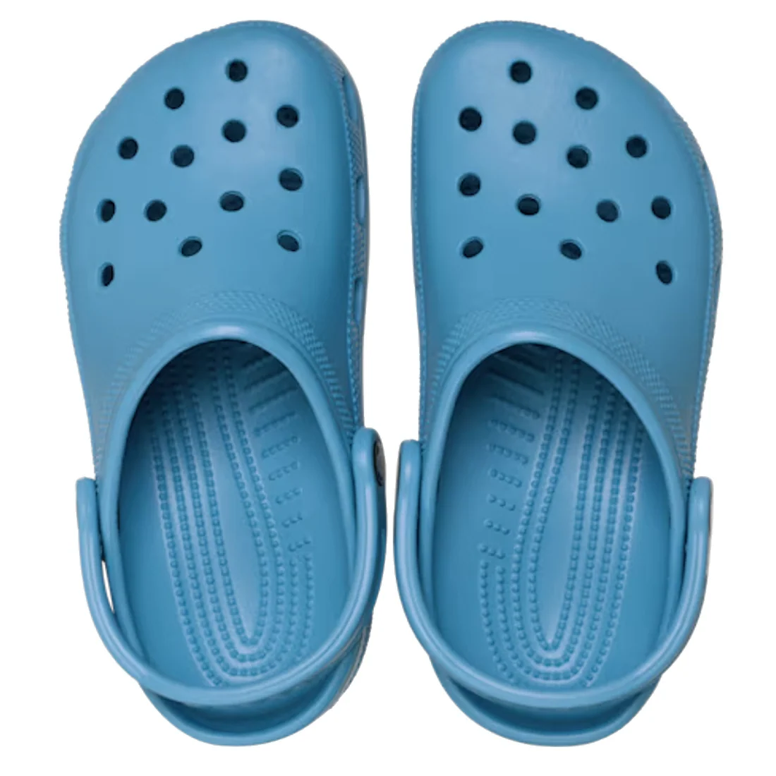 A pair of Crocs Kids Classic Clog sandals in Elite Blue (Junior Youth Sizes), featuring water-friendly rubber construction, ventilation holes, and a back strap, viewed from above on a white background.