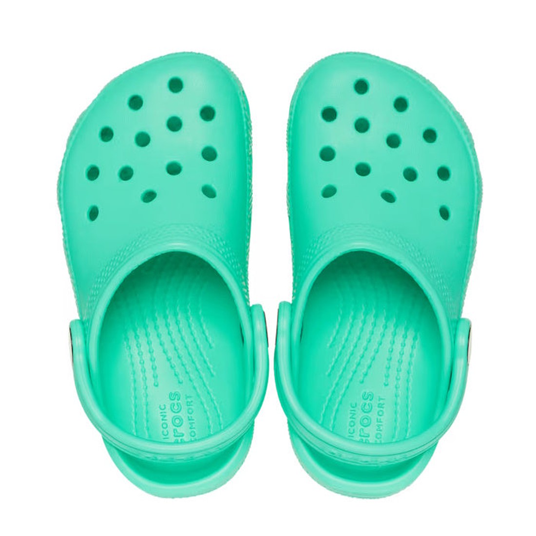 A top view of Crocs Kids Toddlers - Classic Clog Lagoon Green in toddlers sizes, showing perforated holes on the top and adjustable heel straps at the back., 41743, 196265860203, 196265860210, 196265860227, 196265860234, 196265860173, 196265860241, 196265